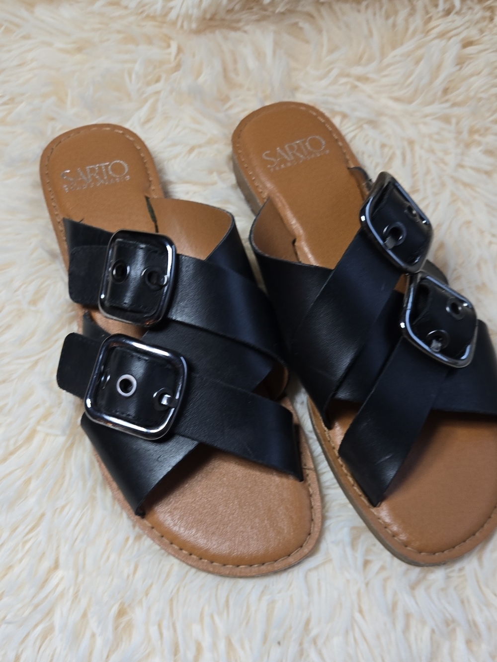 SARTO By Franco Sarto Black Leather Double-Buckle Slide Sandals